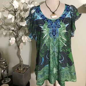 XL Green & Blue Printed Flutter-Sleeve Blouse